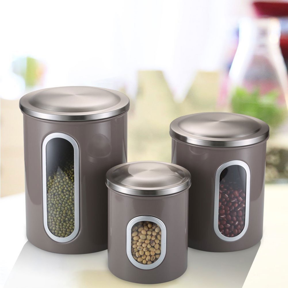 Kitchen Canisters Set,3 Piece Stainless Steel Canister Set,Nested Food Storage Canisters with Airtight Lids and Clear Windows,Red
