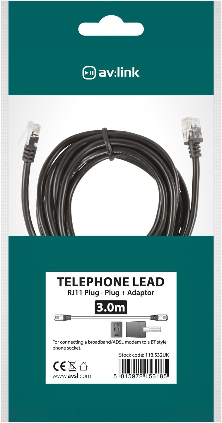 Premium RJ11 modem lead with BT adaptor, Black, 3.0 m - Image 3