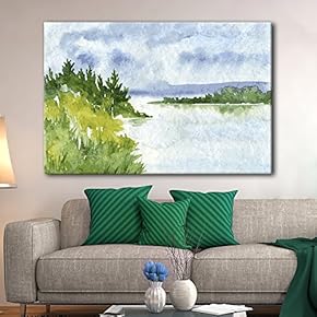 Watercolor Style Landscape Mountains Trees Peaceful Lake