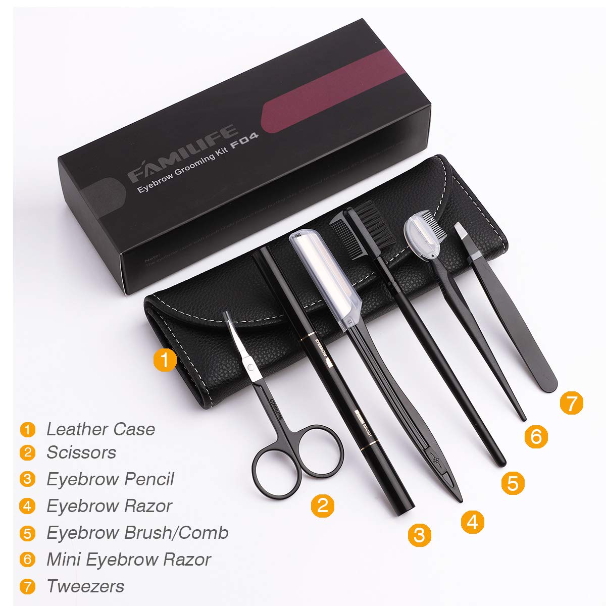 FAMILIFE F04 Eyebrow Kit 7 in 1 Eyebrow Scissors,Razor Eyebrow Pencil, Eyebrow Brush with Black Leather Bag: Home Improvement
