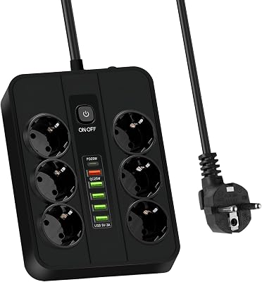 Steckdosenleiste USB-C Schwarz: Kupfer ABS USB Steckdosenleiste 2m mit 5 USB A und 1 Typ-C Schnellladeport, Schnellladefähig Multiple Steckdose für Heim, für Büro und Wohnbereich, Schwarz
