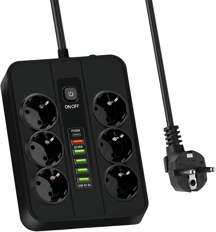 Steckdosenleiste USB-C Schwarz: Kupfer ABS USB Steckdosenleiste 2m mit 5 USB A und 1 Typ-C Schnellladeport, Schnellladefähig Multiple Steckdose für Heim, für Büro und Wohnbereich, Schwarz — Foto 1 von 7
