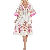 Joiemont Womens Oversized Floral Embroidered Long Dress with V-Neck and 3/4 Sleeves Vintage Embroidery Babydoll Dress