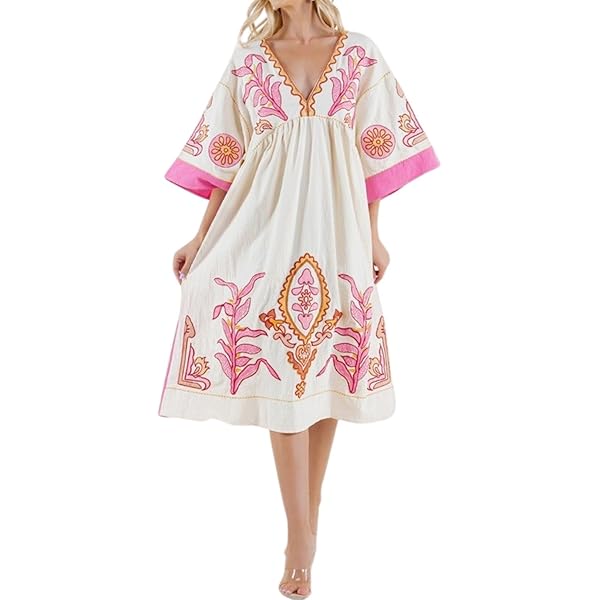 Joiemont Womens Oversized Embroidered Dress with V-Neck and 3/4 Sleeves  Vintage Embroidery Babydoll Dress(0603-DarkGreen-XS) at Amazon Women's  Clothing store