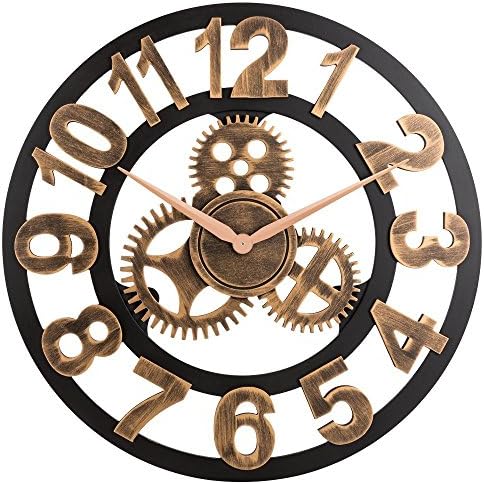 Ganen 23-Inch Wall Clock 3D Retro Rustic Vintage Wooden Noiseless Clock Decorative Roman Numeral Noiseless Gear Wall Clock, (Number-anti-bronze)