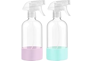 FANSTINOW Glass Spray Bottles with Silicone Sleeve Protection, 16 oz Empty Refillable Containers with Adjustable Nozzle for Hair, Cleaning Solutions,Plants, 2 Pack Mint Green&Light Purple