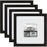 Egofine 8x8 Picture Frames 4 PCS,Solid Wood frame Fits 4x4/6x6 with Mat or 8x8 Without Photo Frame Covered by Plexiglass,for Wall Hanging and Tabletop,Wooden Square Picture Frame,Black