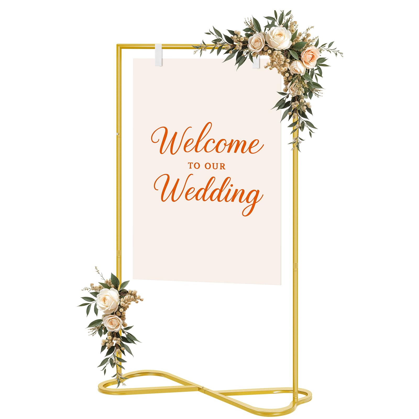 Photo 1 of OUSHENG Wedding Welcome Sign Stand, Easel Poster Holder Metal Pictures Photo Board Rack with Heart Base for Reception Party Display Decor Decorations, Gold