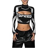 SweatyRocks Women's Color Block Cut Out Crop T Shirts Y2k Long Sleeve Mock Neck Fitted Going Out Tees