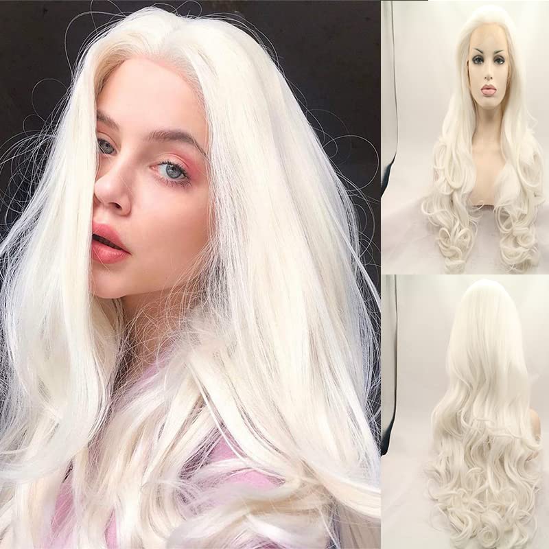 xiweiya Long Body Wavy Platinum Blonde Lace Front Wig White Blonde Synthetic Lace Front Wig Natural White Hair Replacement Full Wig Heat Resistant Fiber 150% Density Wig for Women 24inch