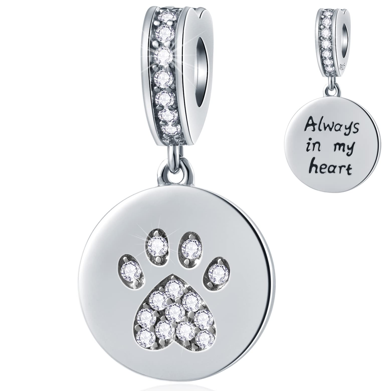 Dog/Cat Paw Print Charm Pendant in 925 Sterling Silver, fits Pandora Valentines Bracelet, I Love Puppy CZ Footprint Dangle Beads, Gift for Wife/Couple/Aunt Niece/Cousin/Birthday