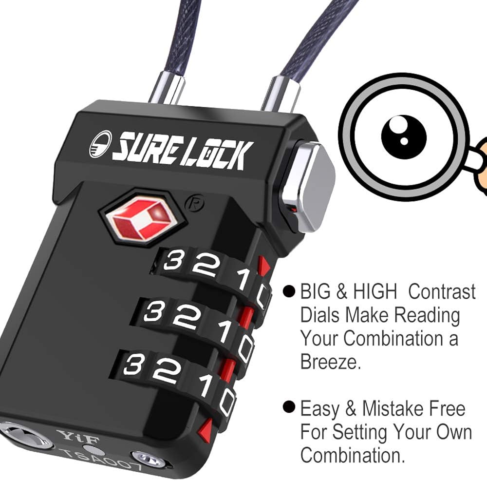  | SURE LOCK TSA Compatible Travel Luggage Locks, Inspection Indicator, Easy Read Dials (Black 2 Pack) | Luggage Locks