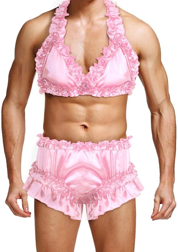 Amazon Co Jp 女性のエロティックなテディ ボディスーツ メンズ下着ソフトサテンフリルフリルネックブラトップスブルーマーパンティー下着パジャマ Pink M 服 ファッション小物