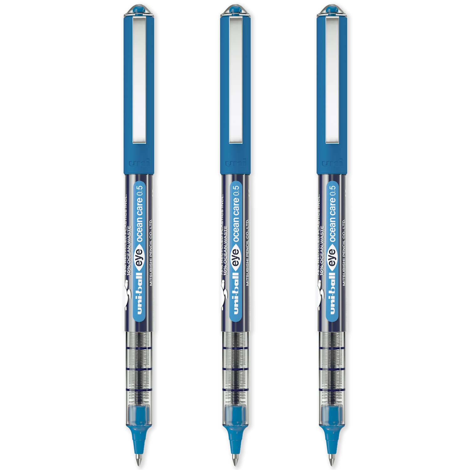 uni-ball Eye Ocean Care UB-150ROP Rollerball Pens - Micro 0.5mm Ballpoint Tip for Super Smooth Writing, Drawing, Art, Crafts and Colouring - Fade and Water Resistant - Pack of 3 Blue Ink