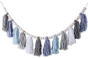 XMGZQ Blue Tassel Garland with Wood Beads Boho Cotton Tassel Banner Wall Hangings Decor，Birthday Christmas Party Decor,Bedroom, Nursery, Play Room, Dorm Room, Baby Shower, Classroom Party Room Decor (H)