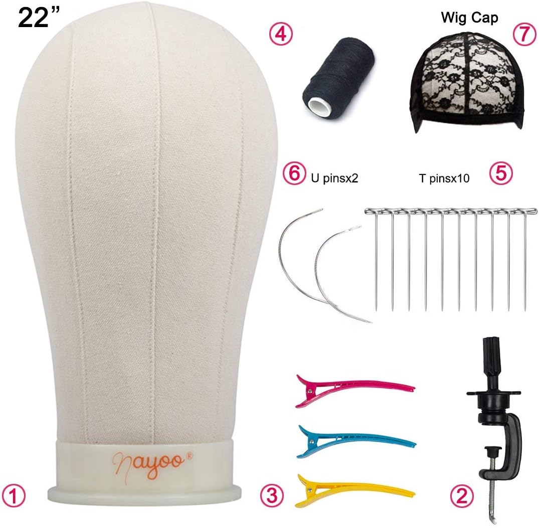 Wig Head Canvas Block Head For Making Wig Mannequin Head Wig Display Styling Head With Mount Hole and Six Kinds Free Gift (22Inch)