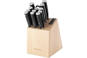 KitchenAid Gourmet Forged Triple Rivet Knife Block Set with Built-in Knife Sharpener, High Carbon Japanese Stainless Steel Kitchen Knives, Sharp Kitchen Knife Set with Block, Birchwood,14-Piece, Black