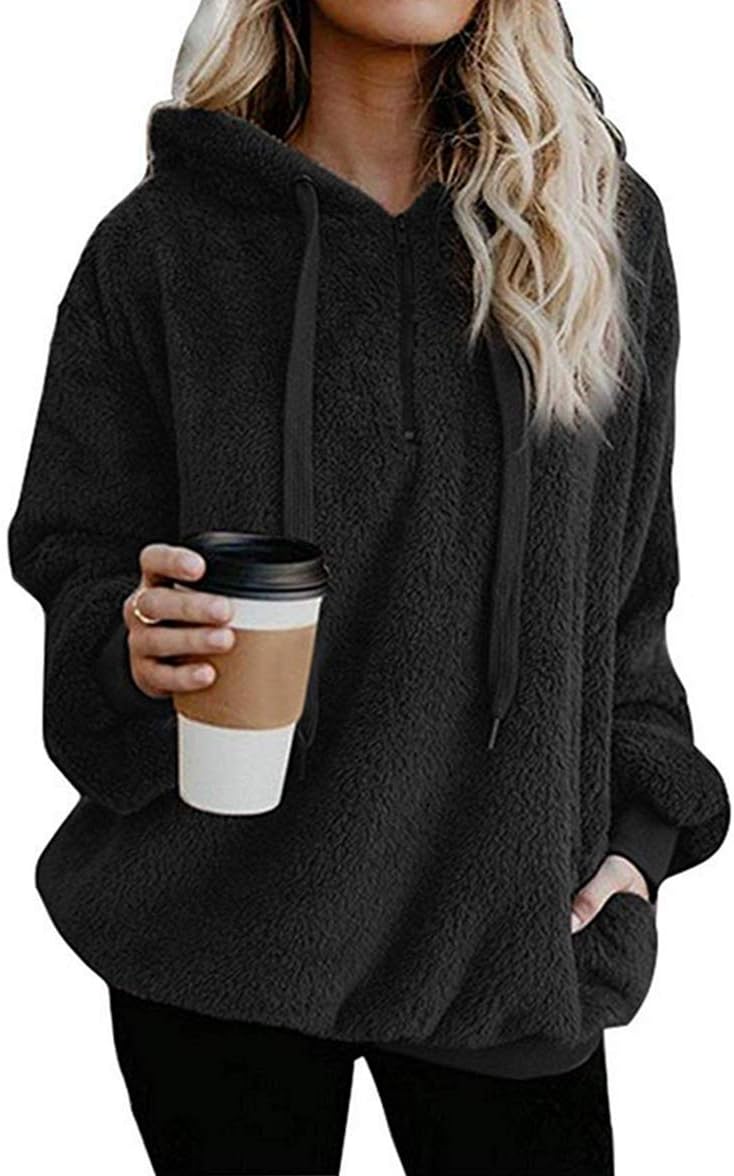 ASSKDAN Women's Long Sleeve Teddy Fleece Hoodie Hooded Sweatshirt Drawstring Pullover Fuzzy Velvet Sweater Outwear