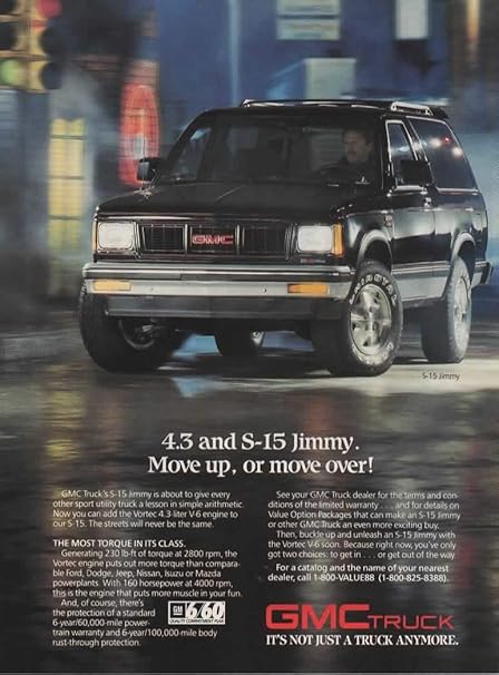 Amazon.com: Magazine Print Ad: 1988 GMC S-15 Jimmy, 4.3 L V-6 Engine,"Move up, or Move Over