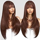 ZRLK Brown Wig with Bangs Long Brown Wig for Women Synthetic Heat-Resistant Hair Layered Style Hair for Daily and Party Use