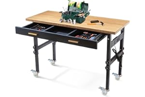 BMJX US 47.2" Adjustable Work Bench Heavy Duty Workbench with Drawers, Power Outlets, 360° Casters, Natural Bamboo Tabletop 2000 LBS Load Capacity Workbench for Garage, Workshop, Home