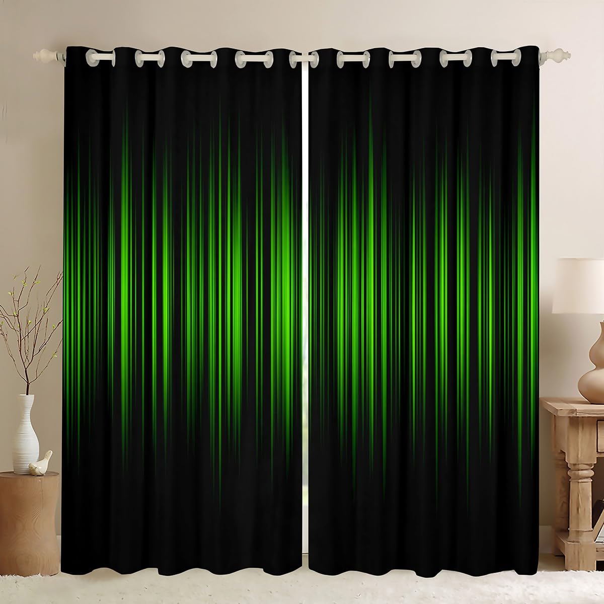 Homemissing Abstract Ombre Blackout Curtains Green and Black Striped Window Curtains Gradient Green Lines Darkening Dreapes for Kids Toddler Modern Abstract Geometric Window Treatments W46*L54