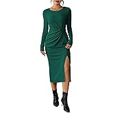 Pink Queen 2026 Women's Long Sleeve Bodycon Dress Ruched Front Side Slit Ribbed Knit Midi Dresses