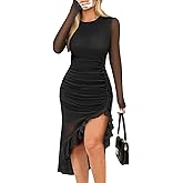 Pink Queen Women's Sexy Mesh Bodycon Dress Fall Long Sleeve Asymmetric Hem Ruffle Floral Print Party Club Ruched Midi Dresses