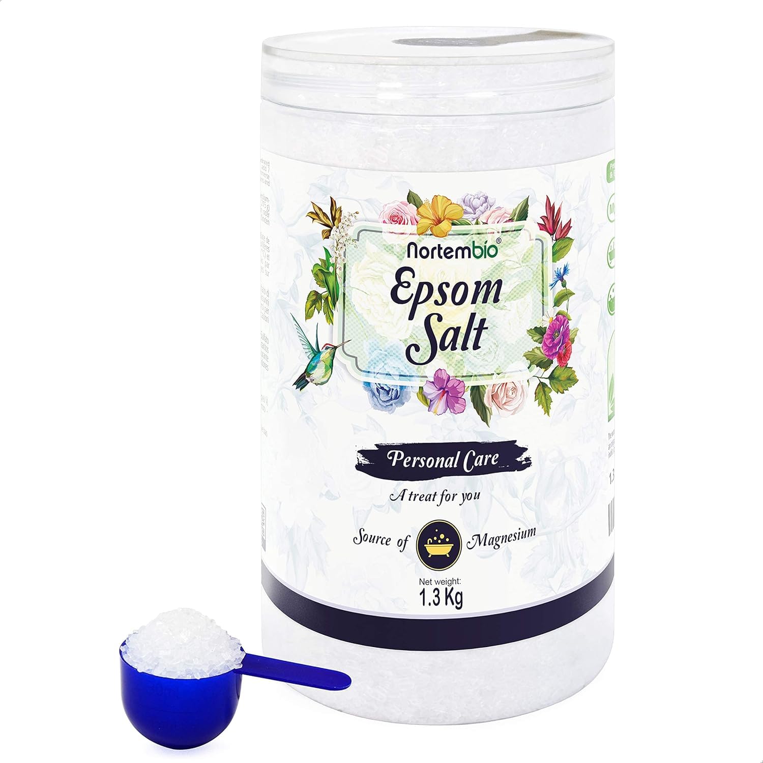 Nortembio 100% Pure Epsom Salt 1,3 kg – Concentrated Source of Magnesium | for Sensitive Skin | with Hydrating Vitamins C & E | No Additives, Natural External Use + Free E-Book