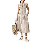 GUNEST Womens Dress Deep V Neck Zip Up Cap Sleeve Smocked Elastic Waist Split Summer Casual Midi Dress with Pockets