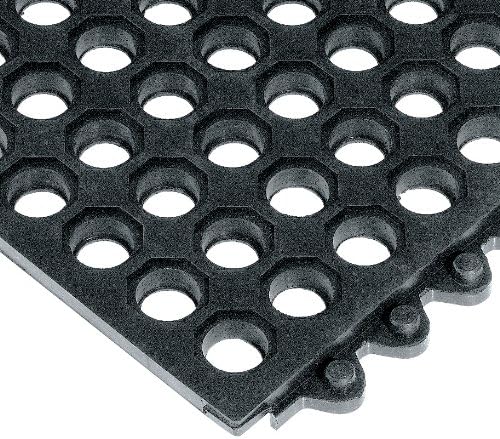 Wearwell 24/Seven Open GR Anti-Fatigue Interlocking Rubber Floor Tile - Black. 3' W x 3' L x 5/8" Thickness. Grease Resistant Rubber. For Water or Dry Debris. Modular (572.58x3x3GRBK)