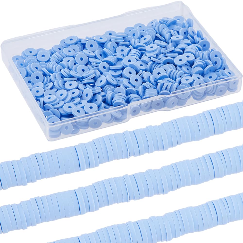 SUNNYCLUE 1 Box 1000PCS+ 6mm Light Blue Clay Heishi Beads Bulk Polymer Round Beads Small Refill Flat Disc Vinyl Spacer Loose Bead for Jewellery Making DIY Bracelets Necklace Chocker Craft Supplies