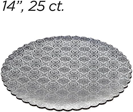 14 inch Silver Round Scalloped Edge Coated Cakeboard,Waxed Greaseproof, Disposable Cake Circle Base Boards Cardboard, pack of 25