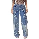 Lingt Chic Women's Y2K Baggy Cargo Jeans High Waisted Ripped Star Tassel Fringe Denim Pants Flap Pocket Stretch Streetwear