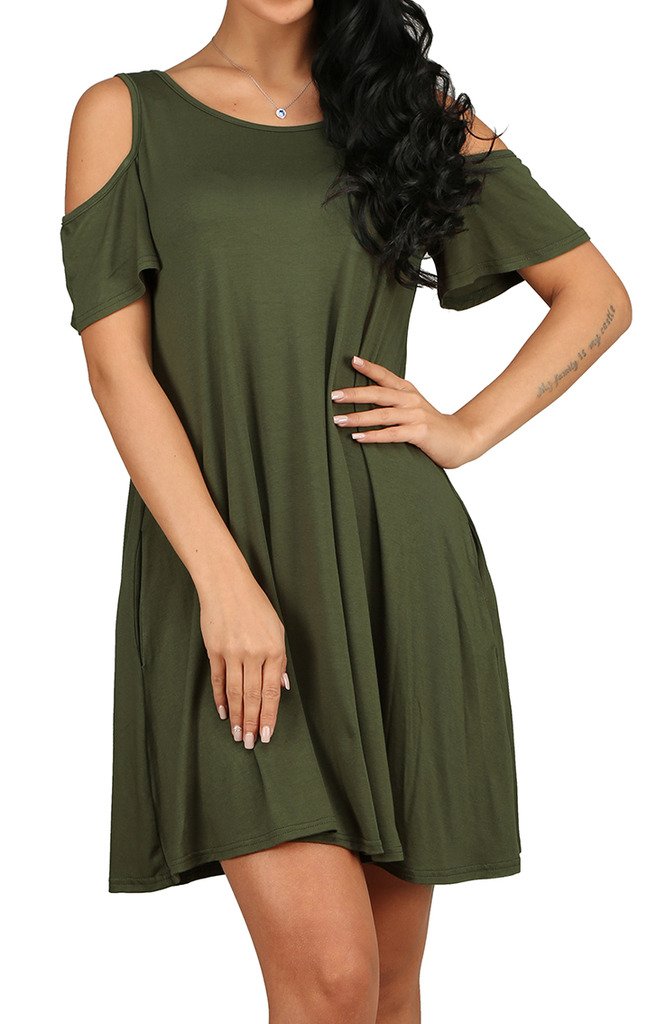 Women\'s Casual Plain Flowy Simple Swing T-shirt Loose Dress Army Green S