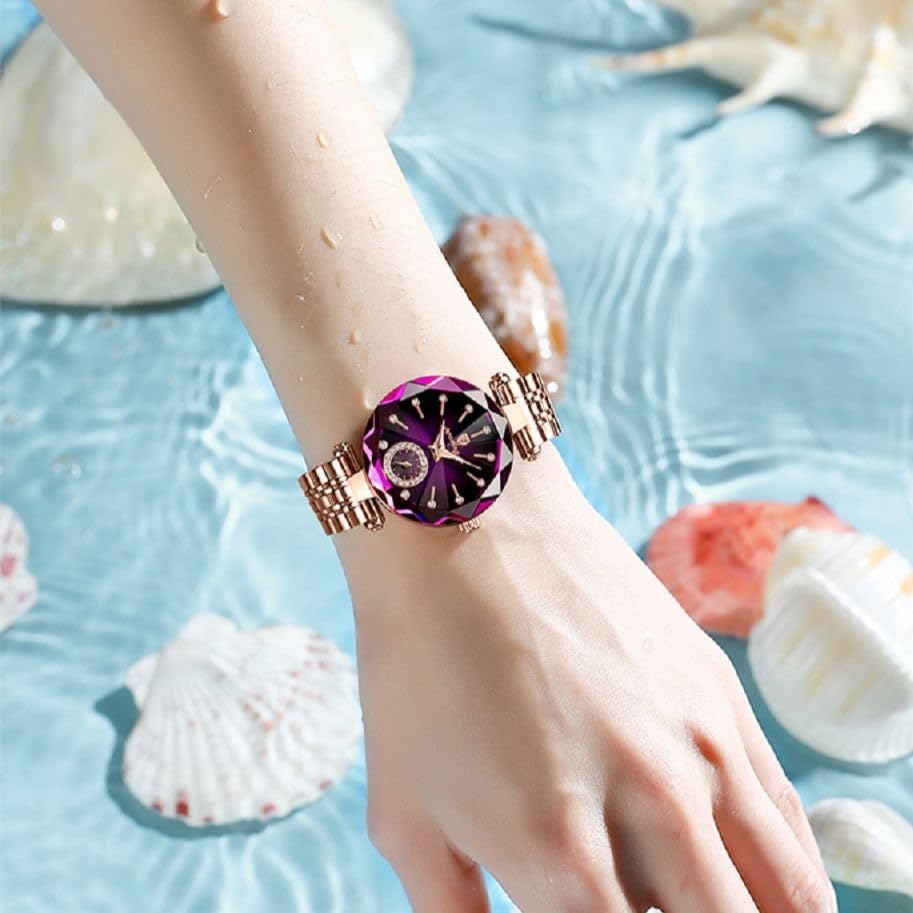 Uniiking® Watches for Women Diamond Dial Elegant Watch for Women Leather Quartz Fashion Ladies Wristwatch, Jewelry Gift for Wedding Anniversary Birthday, Purple