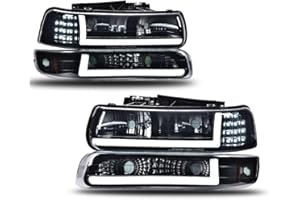 PIT66 LED DRL Headlight Assembly Compatible with Chevy Silverado 1999 2000 2001 2002/ Suburban Tahoe 2000-2006 Front Headlamp, Smoky lens Black Housing Amber Reflector