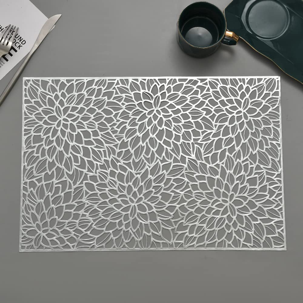 Hosoncovy 4 Pack Decorative Rectangle PVC Placemats Flower Placemats Hollow Dining Table Place Mats Heat Resistant Non-slip Dining Placemats Table Mats for Home Kitchen Wedding (Silver)