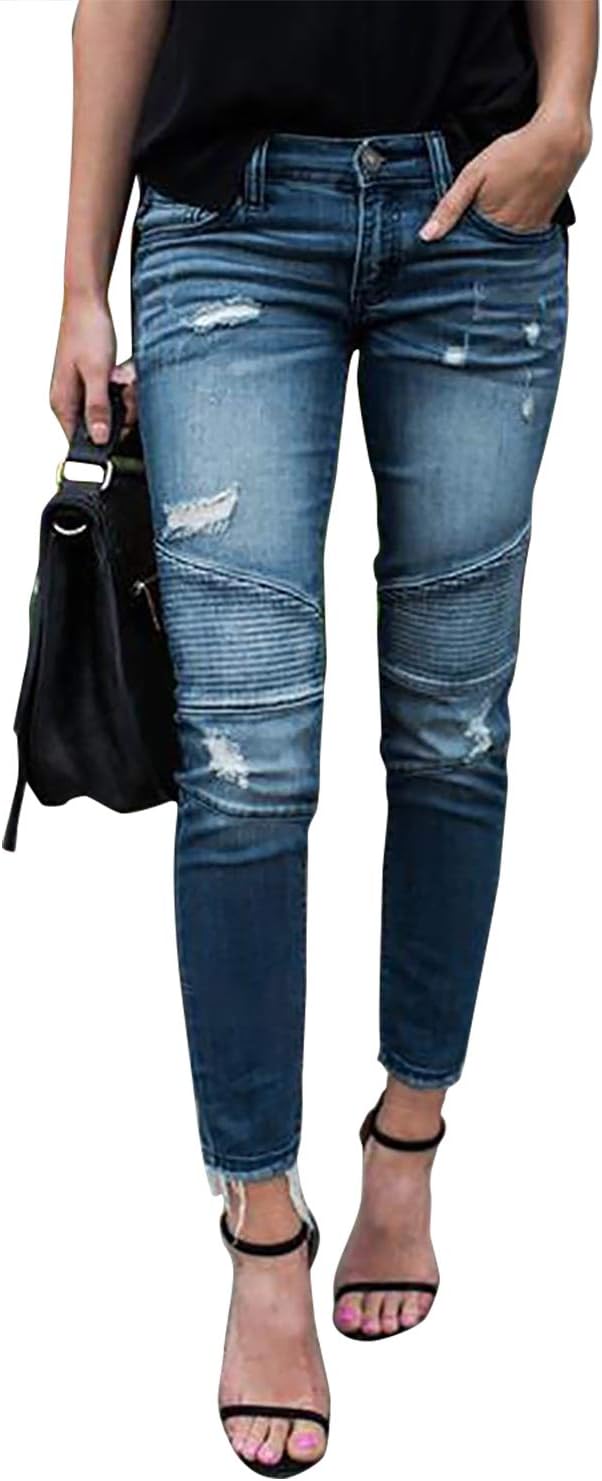 Women’s Slim Fit Skinny Denim Ripped Jeans Stretchy Boyfriend Jeans Pants Trousers Mid Waisted Stylish