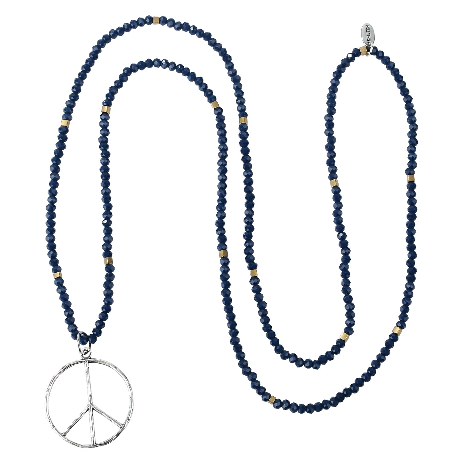 KELITCH Classic Peace Pendant Necklace Love Hippie Frosted Crystal Beaded Long Chain Necklaces (Blue C)
