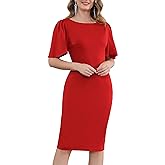 Aphratti Women's Short Sleeve Work Sheath Midi Dress Elegant Fitted Cocktail Party Church Funeral Outfit