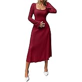 Cicy Bell Womens Sweater Dress Square Neck Maxi Dress Long Sleeve Tie Waist Fall Winter Wedding Guest Knit Midi Dresses
