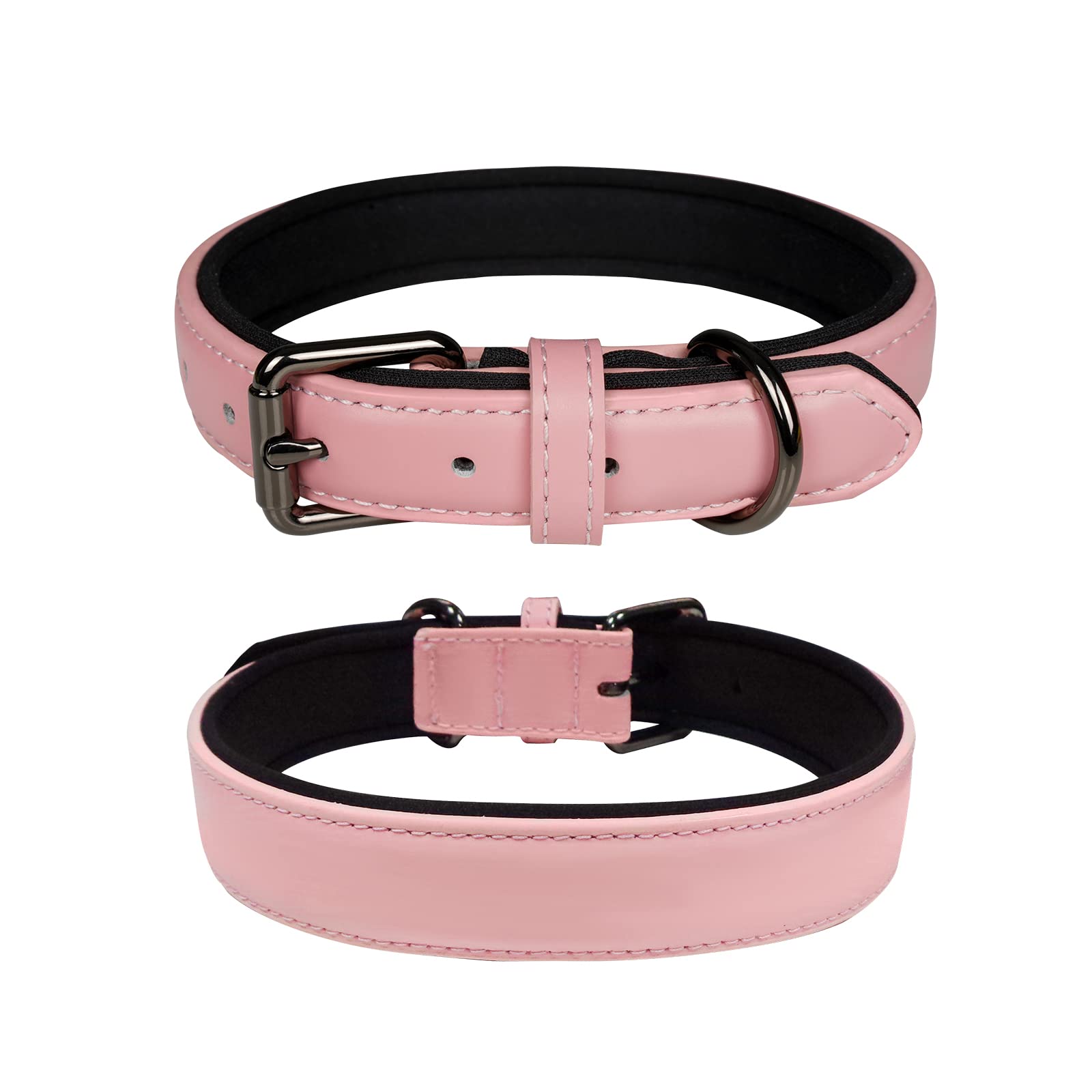 OFHome Pink Leather Dog Collar Soft Padded Comfortable Adjustable Wider and Thicker Pet Collars Best for Small Medium Large Dogs with Heavy Duty Buckle, S