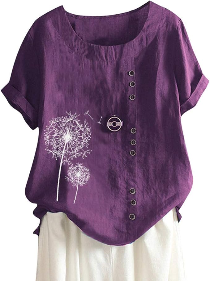 2DXuixsh Womens Plus Size Linen Shirts Dandelion Print Relaxed Button