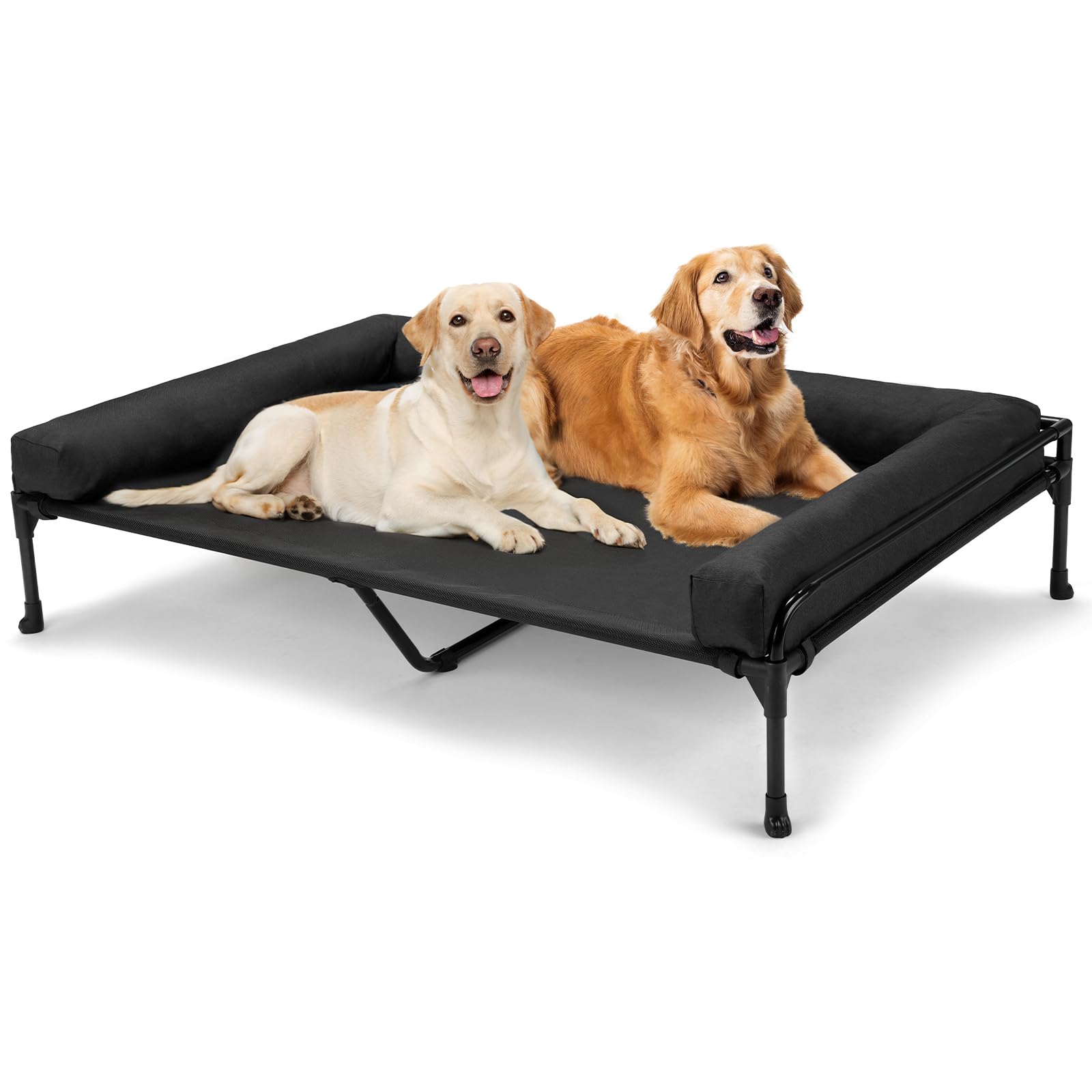 Photo 1 of Veehoo Elevated Raised Dog Bed-Cooling Outdoor Dog Cot Bed for Large Sized Dogs Three-Sided Fence Raised Pet Cot with Mesh & No-Slip Feet Dog Hammock Bed with Removable Bolster-47 x 29" Black