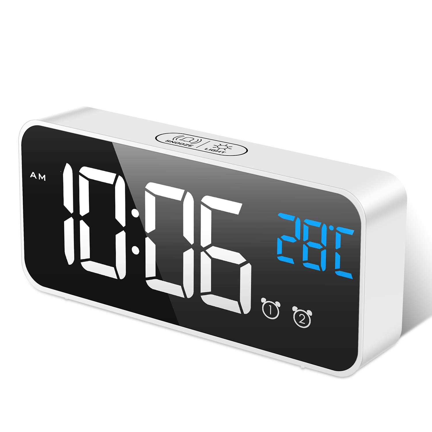 MOSUO LED Digital Alarm Clock, Rechargeable Mirror Bedside Clock with Temperature Display, Snooze, Non Ticking, Adjustable Volume & Brightness, 2 Alarms Set with 13 Music, White