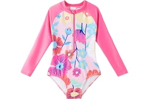 Angel season Girls Long Sleeve Swimsuits One Piece Rash Guard Bathing Suit UPF50+ Toddler Kids Zipper Swimwear Size 2-10