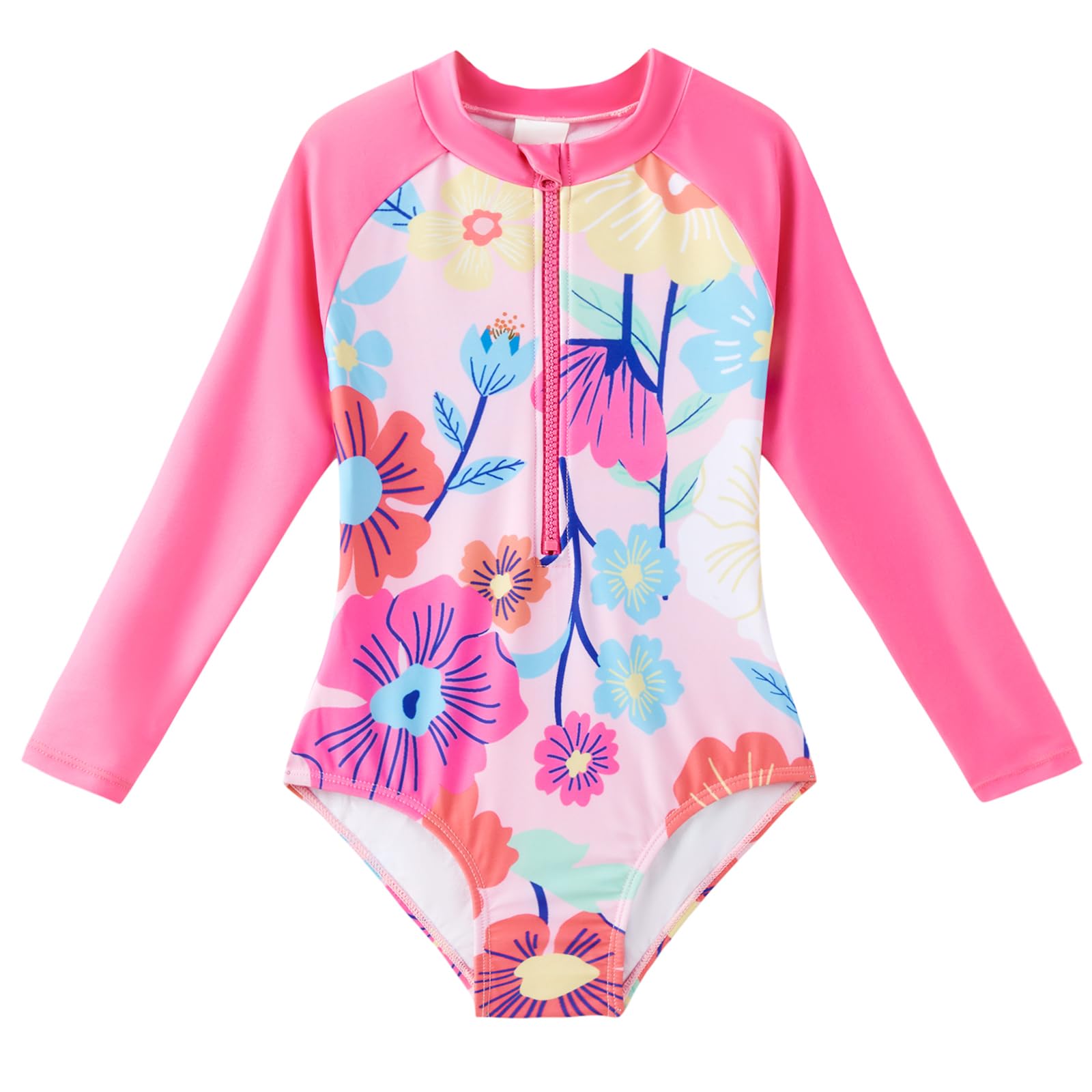 Photo 1 of Angel season Girls Long Sleeve Swimsuits One Piece Rash Guard Bathing Suit UPF 50+ for Toddler Kids Zipper Front Swimwear Size 7-8t Red Pink