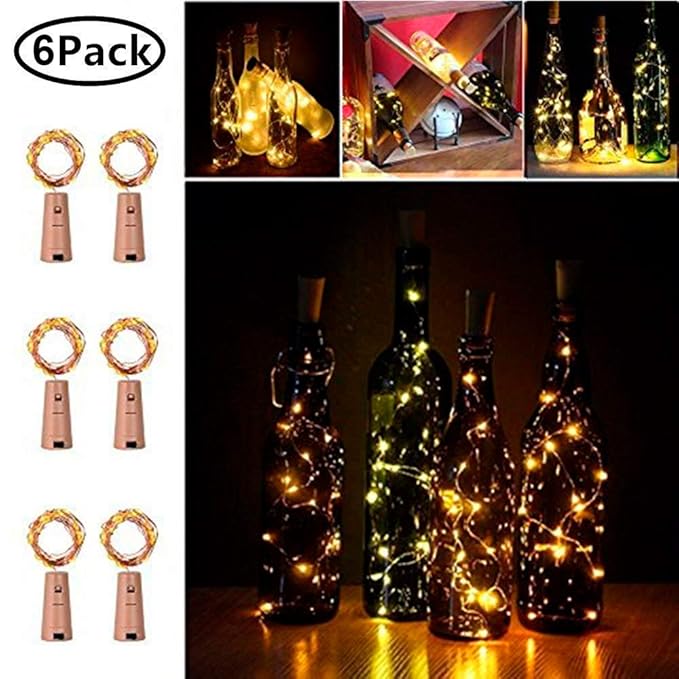 KACOOL 6 Pack 2M 20 LED Wine Bottle Cork Lights Copper Wire String Lights, Battery Operated Wine Bottle Fairy Lights for Bottle DIY, Diwali, Christmas, Wedding and Party Decor