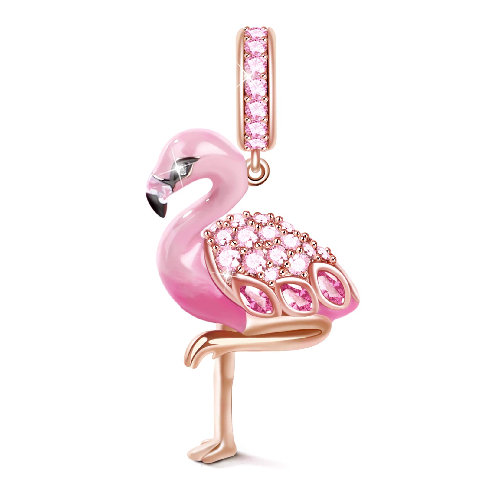 GNOCE Flamingo Charms Sterling Silver "Fiery Passion" 18K Rose Gold Plated Bead Charms With Cubic Zirconia Fit Bracelet/Necklace Jewelry Gift